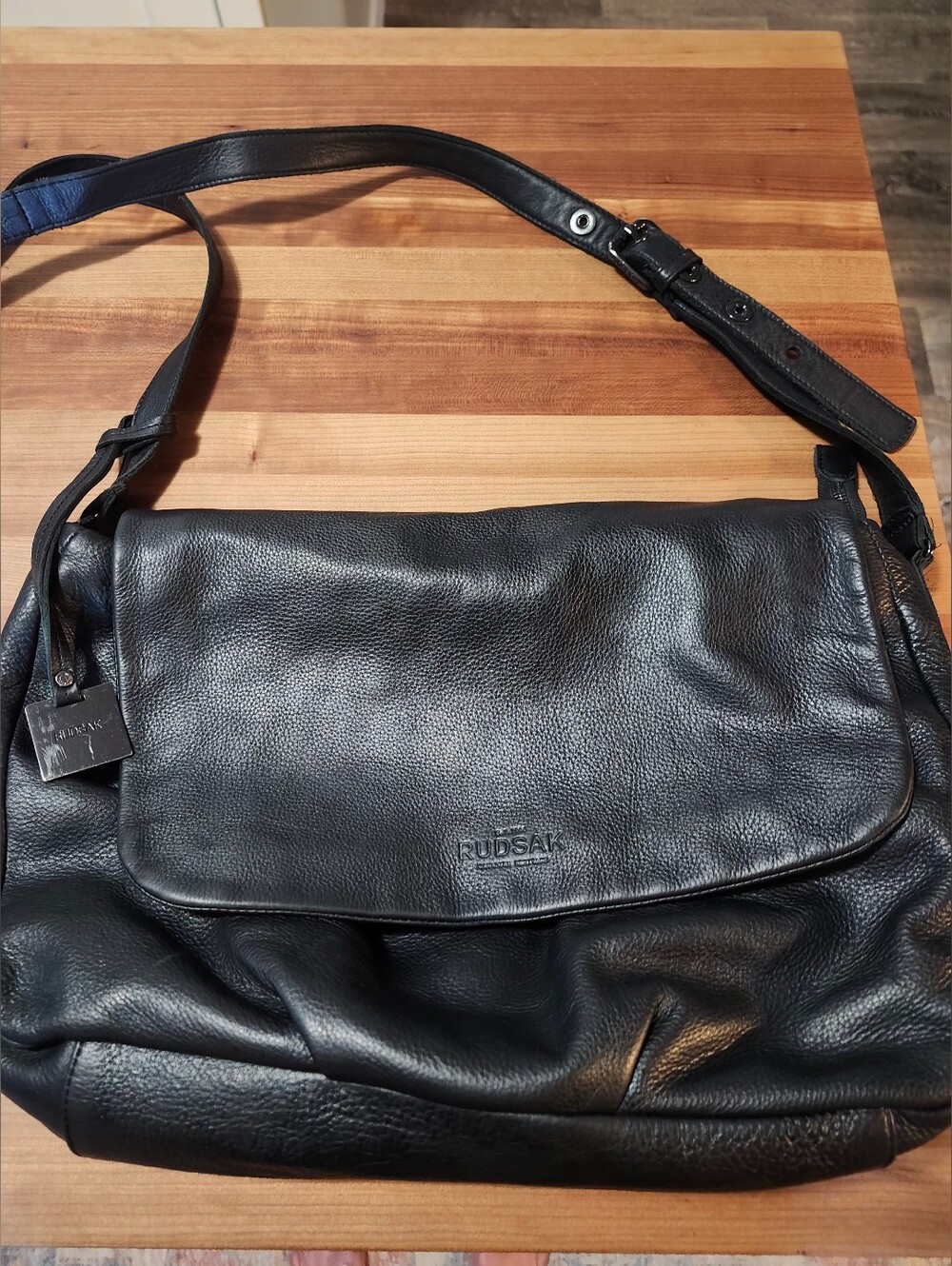 RUDSAK Black Pebbled Leather Messenger Bag